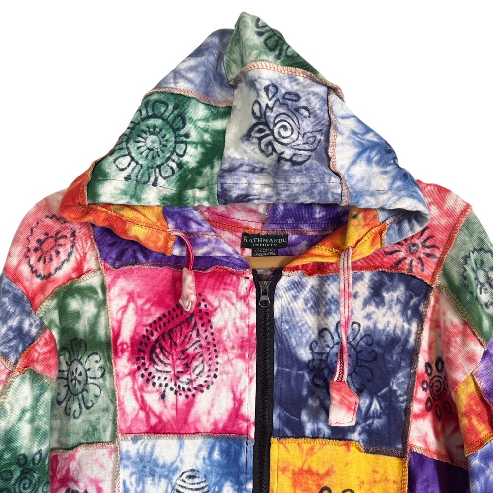 Kathmandu Imports Hoodie Patchwork Tie Dye Woodblock Print Multicolor M Boho - Picture 4 of 11
